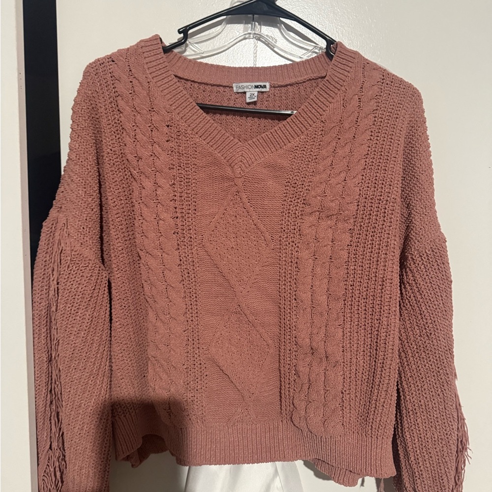 Fashion Nova Dusty Pink V-Neck Cable Knit Sweater